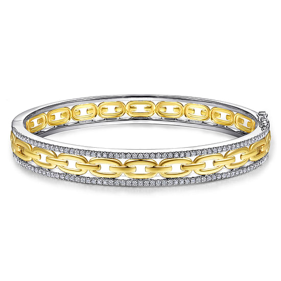 Gabriel - 14K White and Yellow Gold Chain Link Bangle with Diamond Frame