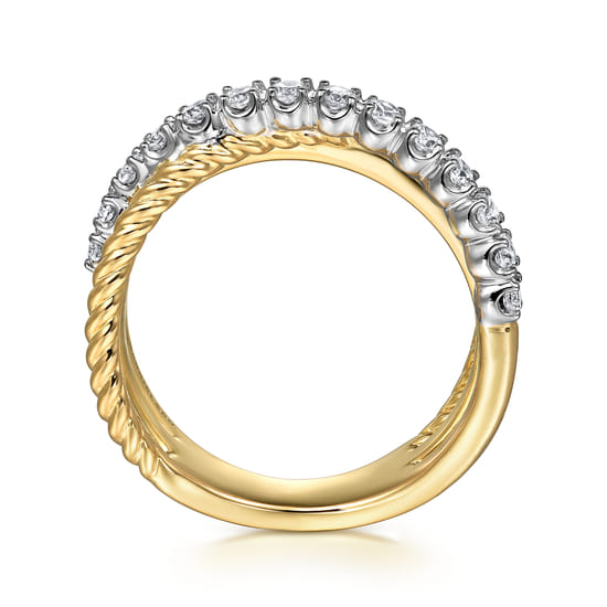 14K White and Yellow Gold Diamond And Rope Criss Cross Ladies Ring angle 2