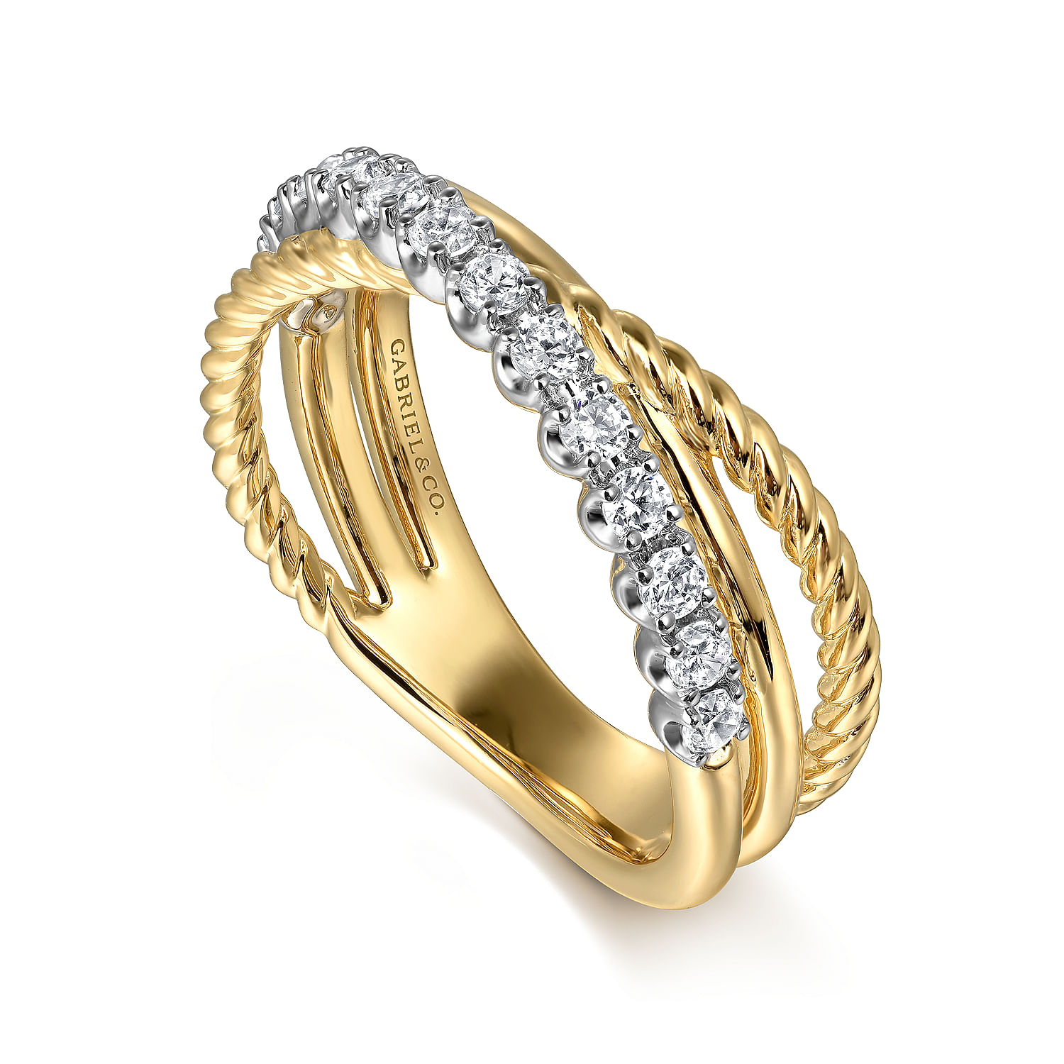 14K White and Yellow Gold Diamond And Rope Criss Cross Ladies Ring
