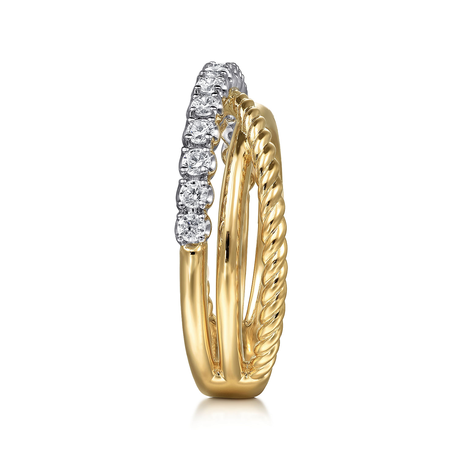 14K White and Yellow Gold Diamond And Rope Criss Cross Ladies Ring