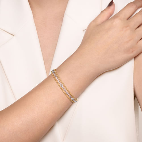 14K White and Yellow Gold Diamond Bujukan Cuff Bangle