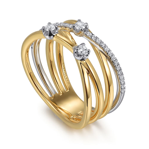 14K White and Yellow Gold Diamond Criss Cross Ladies Ring