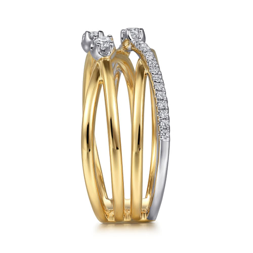 14K White and Yellow Gold Diamond Criss Cross Ladies Ring