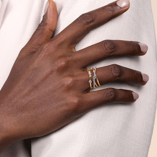 14K White and Yellow Gold Diamond Criss Cross Ladies Ring