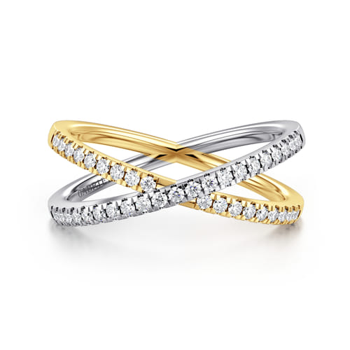 14K White and Yellow Gold Diamond Criss Cross Ring