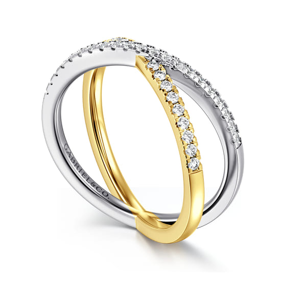 14K White and Yellow Gold Diamond Criss Cross Ring angle 3