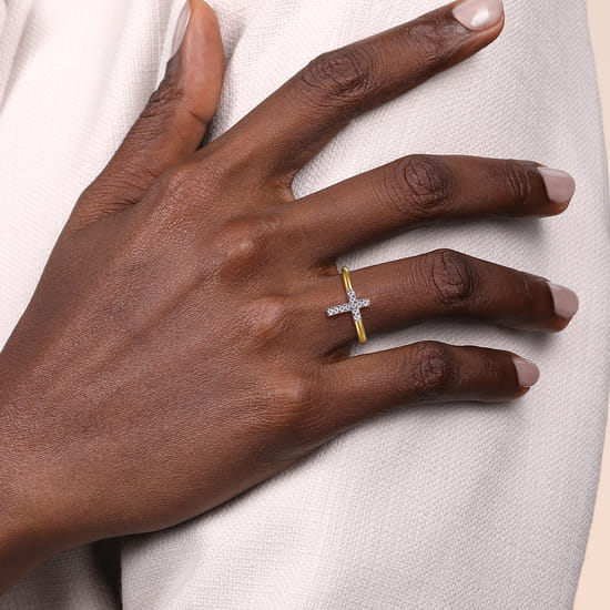 14K White and Yellow Gold Diamond Cross Ladies Ring angle 5