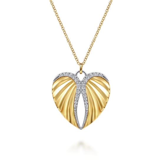 14K White and Yellow Gold Diamond Heart Angel Wing Pendant Necklace