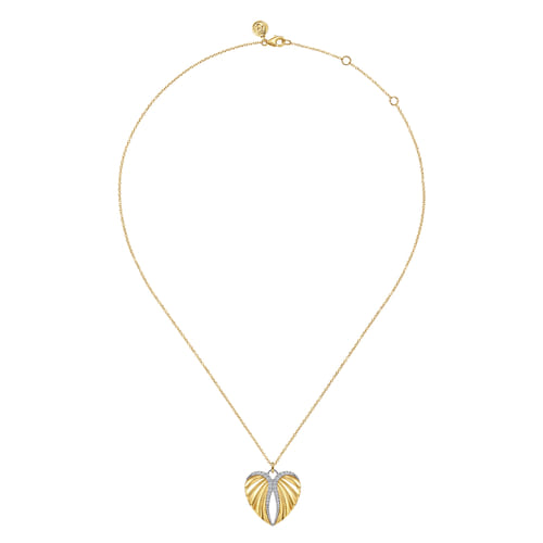 14K White and Yellow Gold Diamond Heart Angel Wing Pendant Necklace