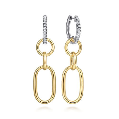 14K White and Yellow Gold Diamond Hollow Tube Huggie Drop Earrings