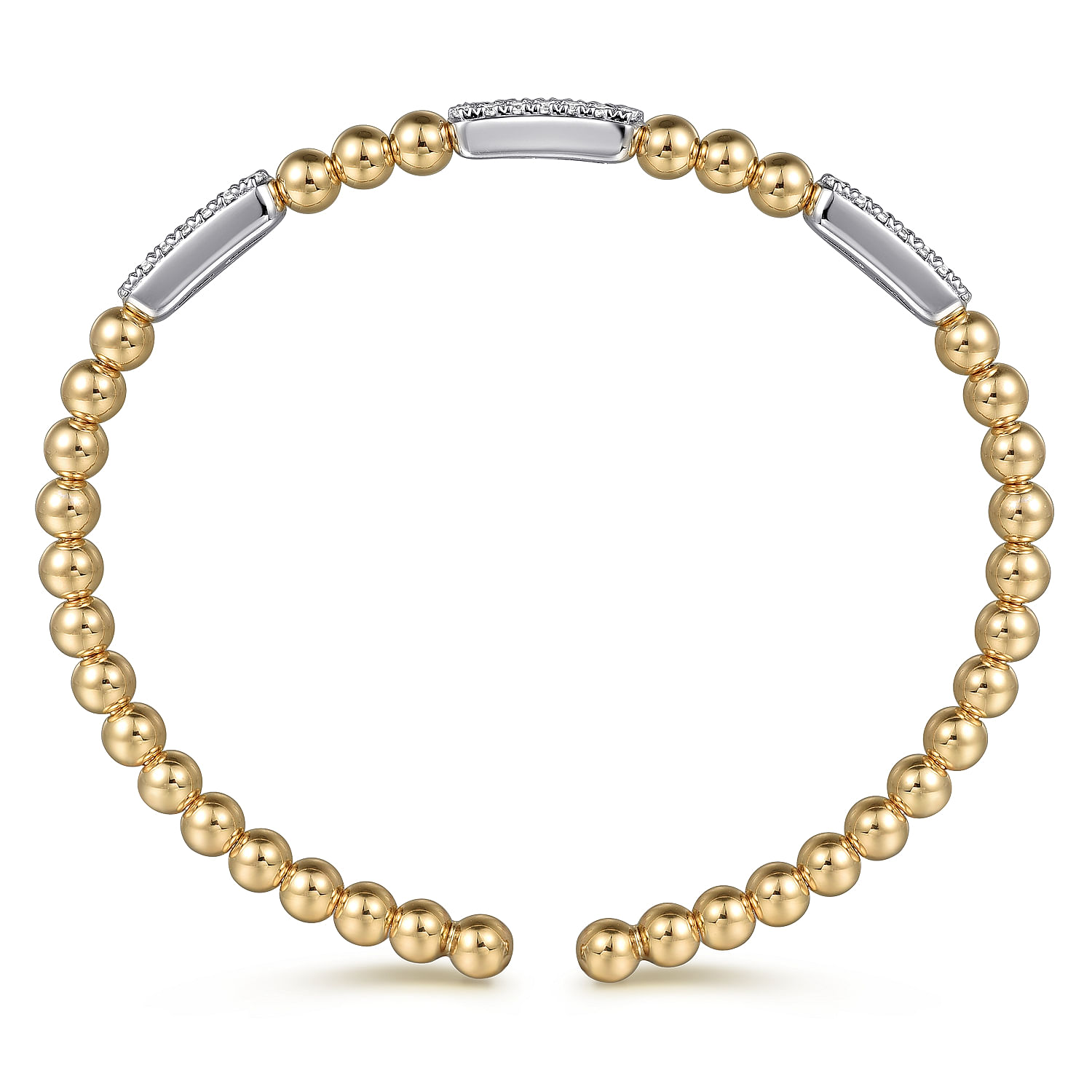 14K White and Yellow Gold Diamond Pavé Three Station Bar Bujukan Beads Split Bangle Bracelet