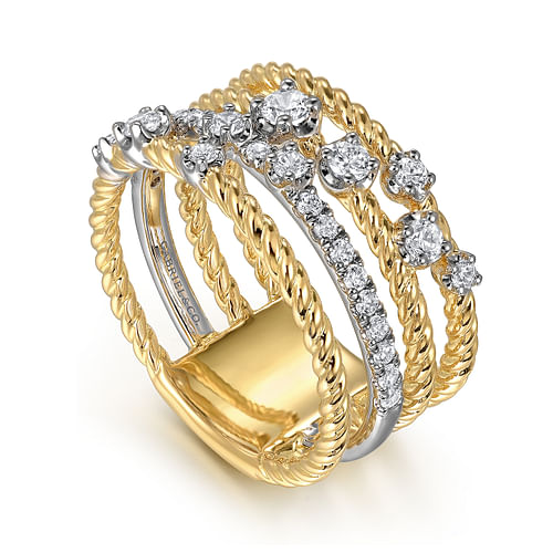 14K White and Yellow Gold Diamond Rope Easy Stackable Ladies Ring