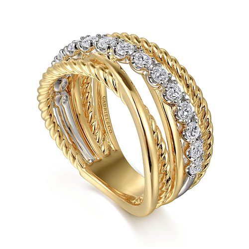 14K White and Yellow Gold Diamond Rope Twisted Ladies Ring