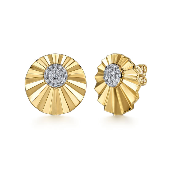 Gabriel - 14K White and Yellow Gold Diamond Round Shape Earrings Stud with Diamond Cut Texture