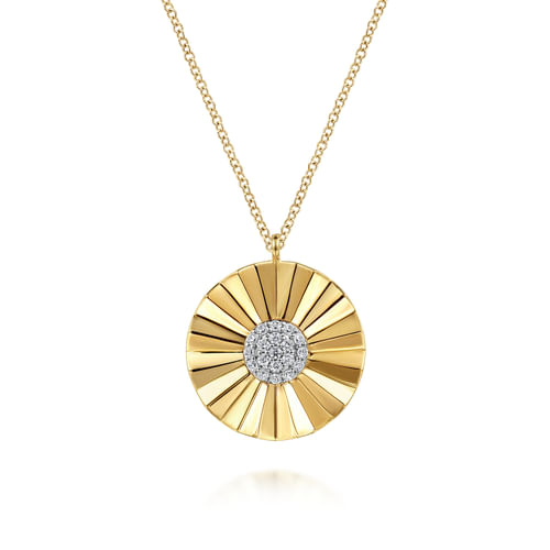 14K White and Yellow Gold Diamond Round Shape Necklace with Diamond Cut Texture