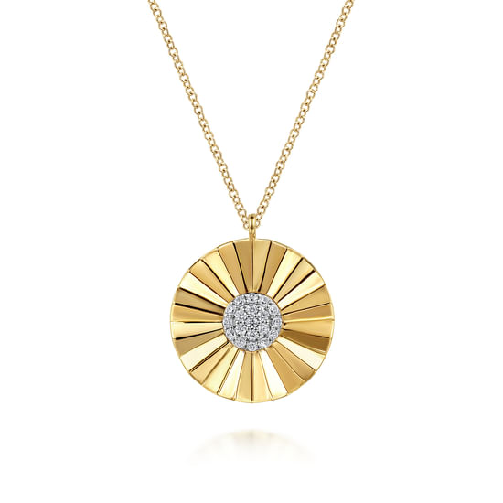 Gabriel - 14K White and Yellow Gold Diamond Round Shape Necklace with Diamond Cut Texture