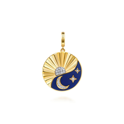 14K White and Yellow Gold Diamond and Diamond Cut Medallion With Detachable Bail with Chrome Blue Enamel