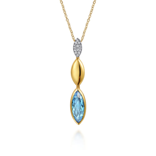 14K White and Yellow Gold Diamond and Marquise Blue Topaz Drop Necklace