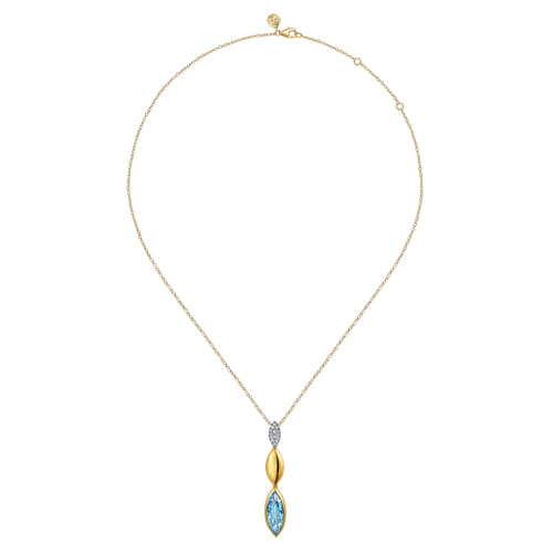 14K White and Yellow Gold Diamond and Marquise Blue Topaz Drop Necklace