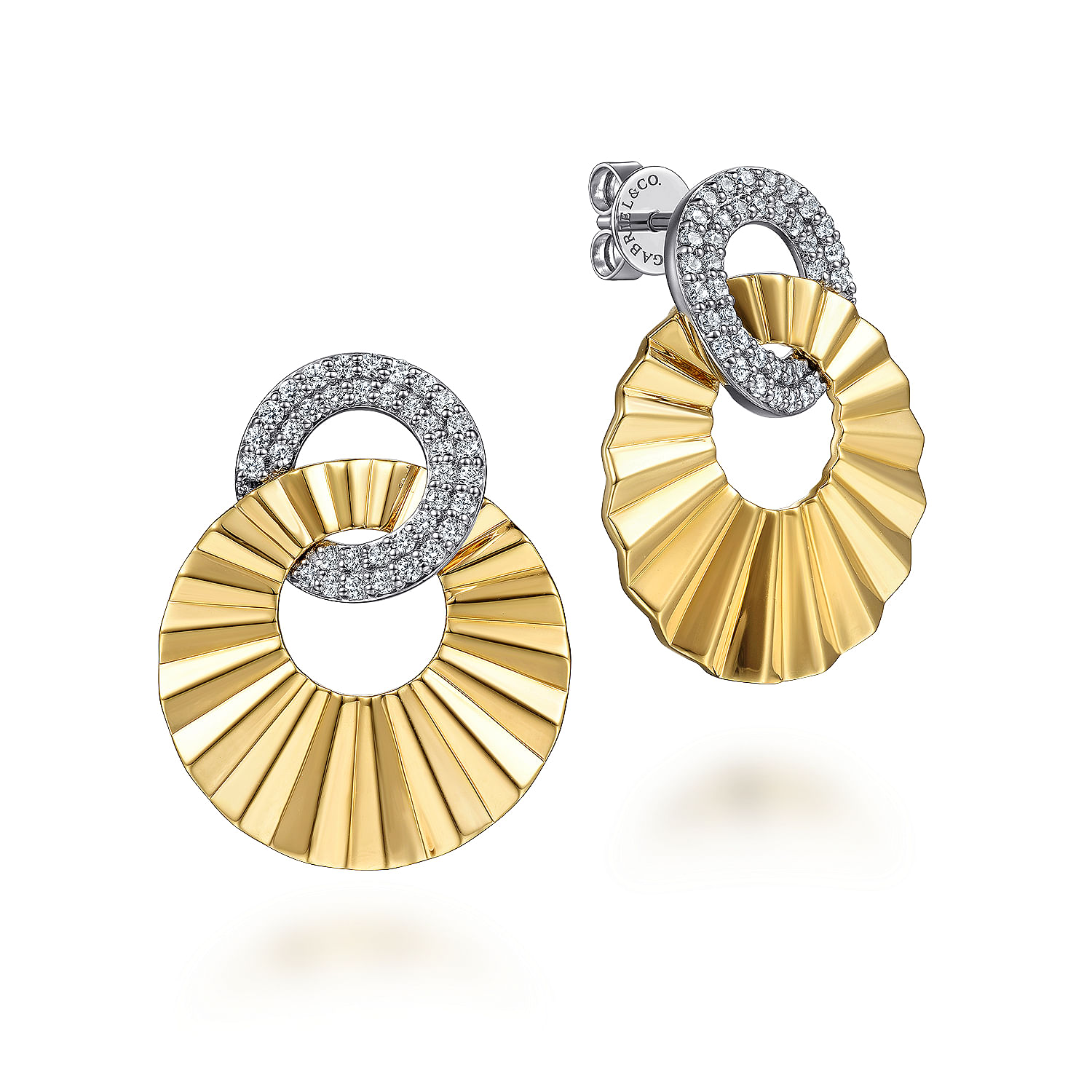 14K White and Yellow Gold Double Round Disk Earrings Stud With Diamond Cut Texture