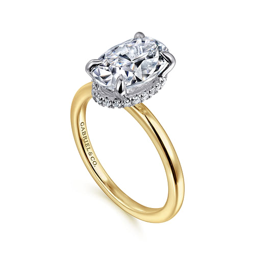 14K White and Yellow Gold Hidden Halo Oval Diamond Engagement Ring