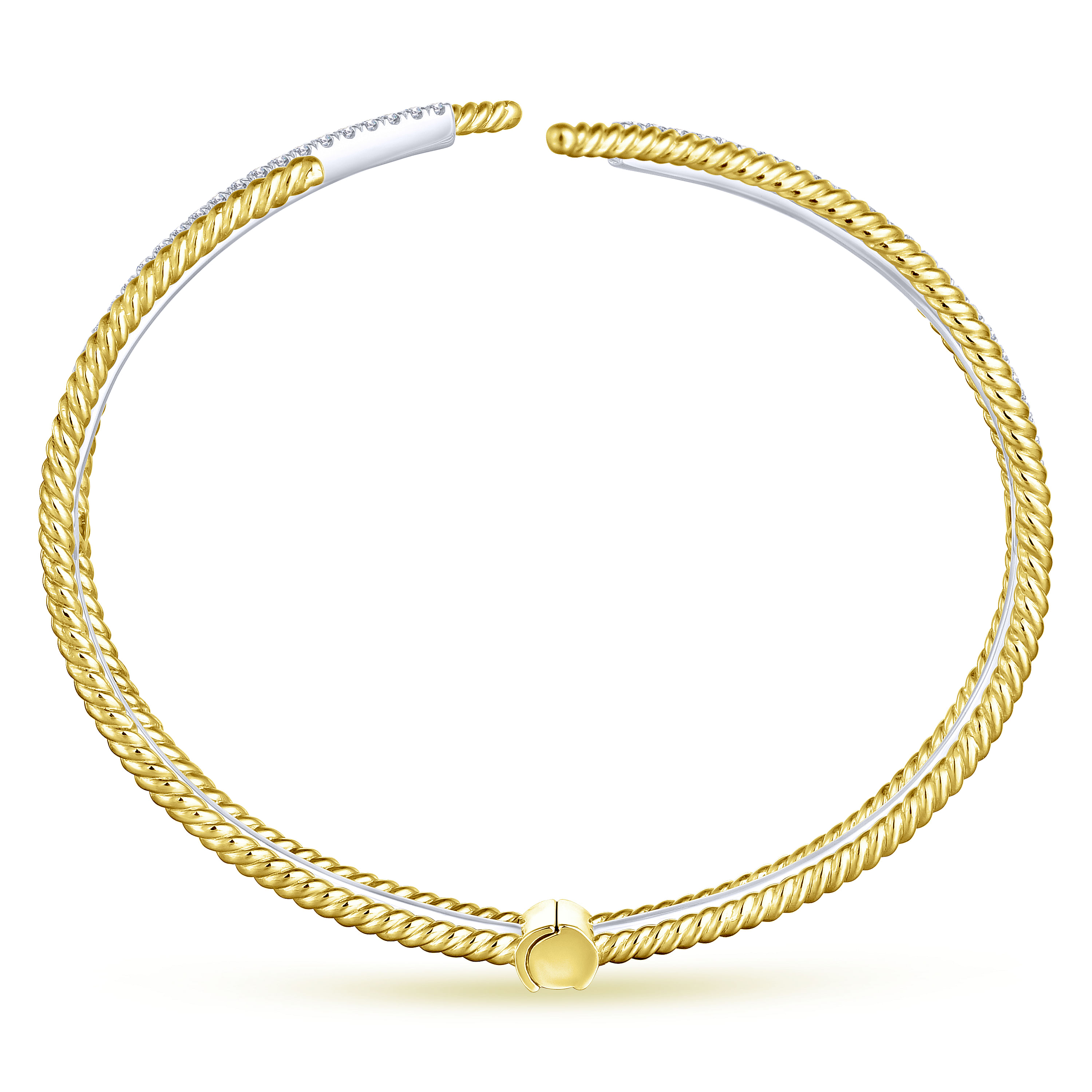 14K White and Yellow Gold Open Bangle with Twisted Rope and Diamonds