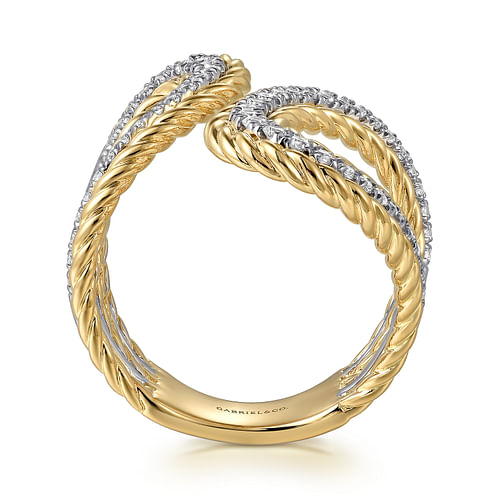 14K White and Yellow Gold Rope Diamond Bypass Ladies Ring