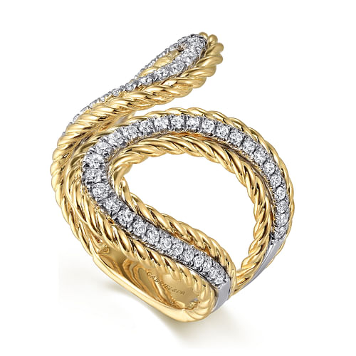 14K White and Yellow Gold Rope Diamond Bypass Ladies Ring