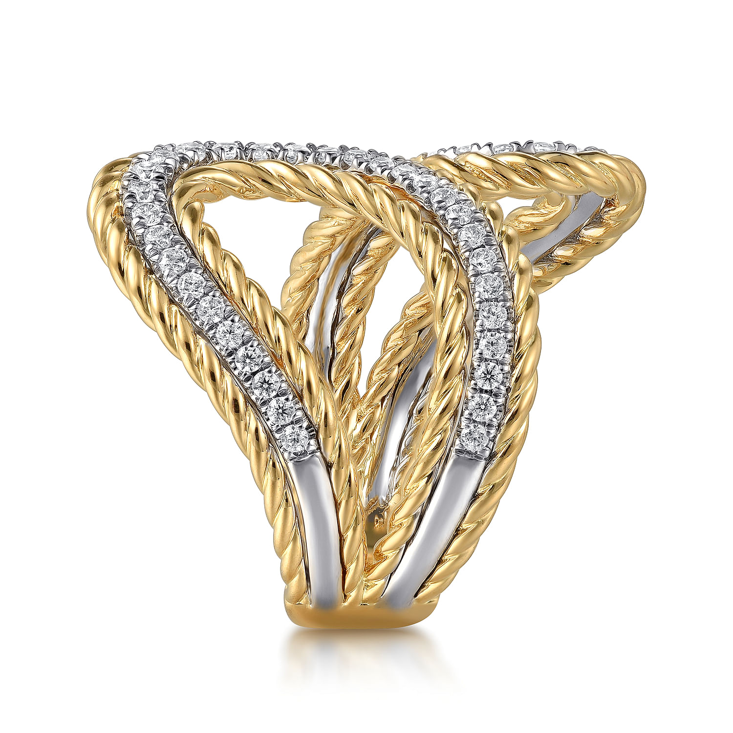 14K White and Yellow Gold Rope Diamond Bypass Ladies Ring