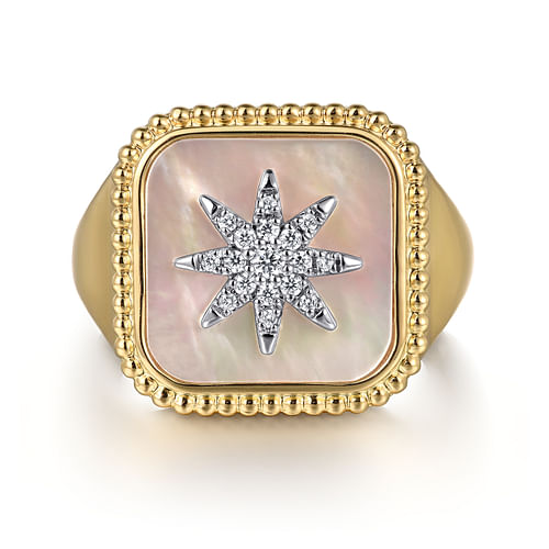 14K White and Yellow Gold White Mother of Pearl with Diamond Starburst Signet Ladies Ring