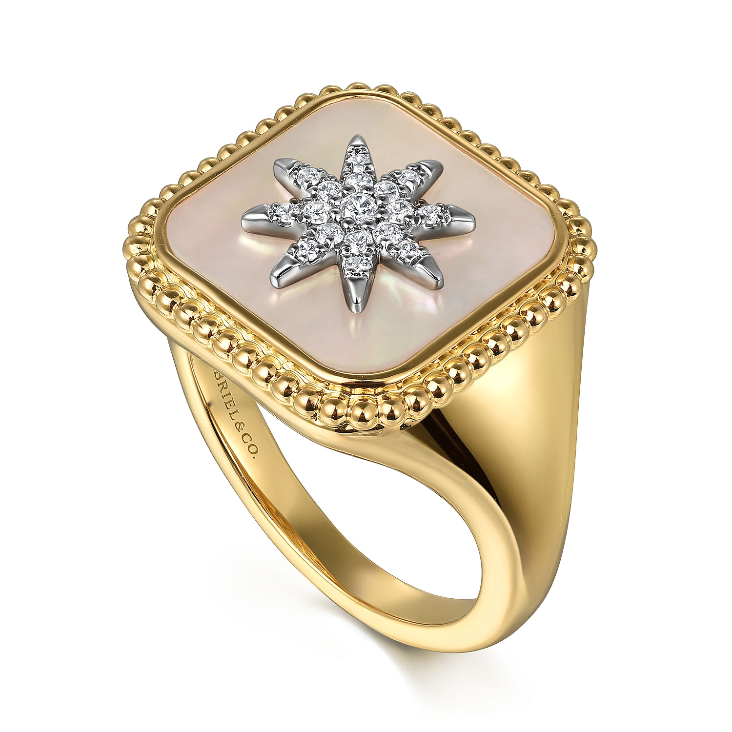 14K White and Yellow Gold White Mother of Pearl with Diamond Starburst Signet Ladies Ring