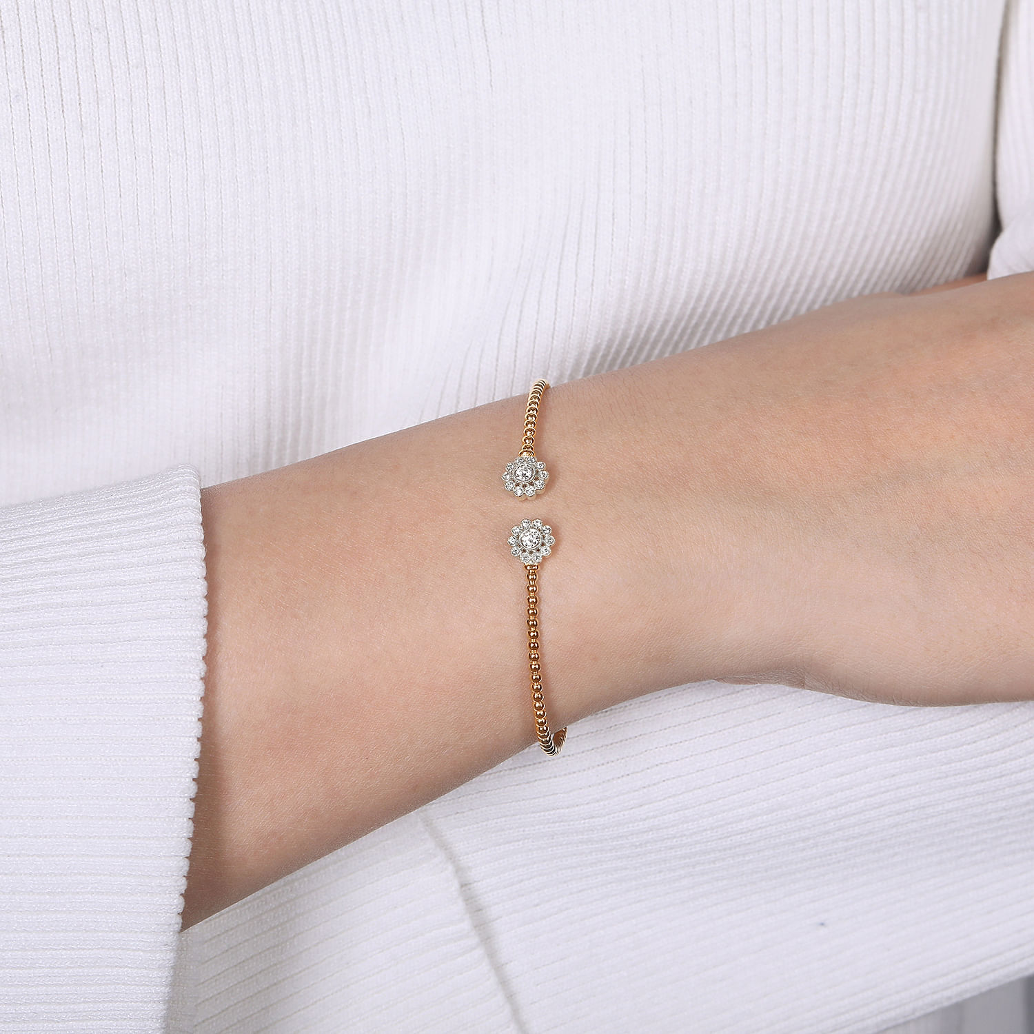 14K White&Rose Gold Bujukan Split Cuff Bracelet with Diamond Flowers