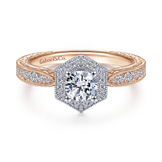Gabriel - 14K White&Rose Gold Hexagonal Halo Round Complete Diamond Engagement Ring Gabriel - 14K White&Rose Gold Hexagonal Halo Round Complete Diamond Engagement Ring