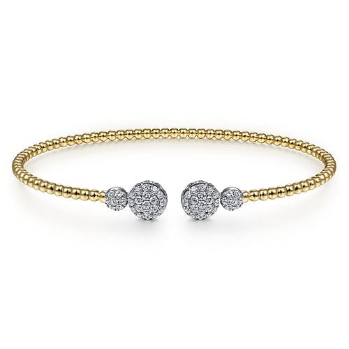 14K White&Yellow Gold Bujukan Bead Split Cuff with Round Diamond Pavé Caps