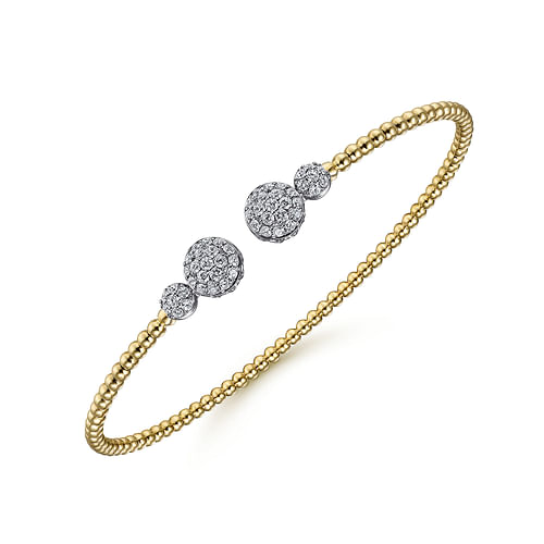 14K White&Yellow Gold Bujukan Bead Split Cuff with Round Diamond Pavé Caps