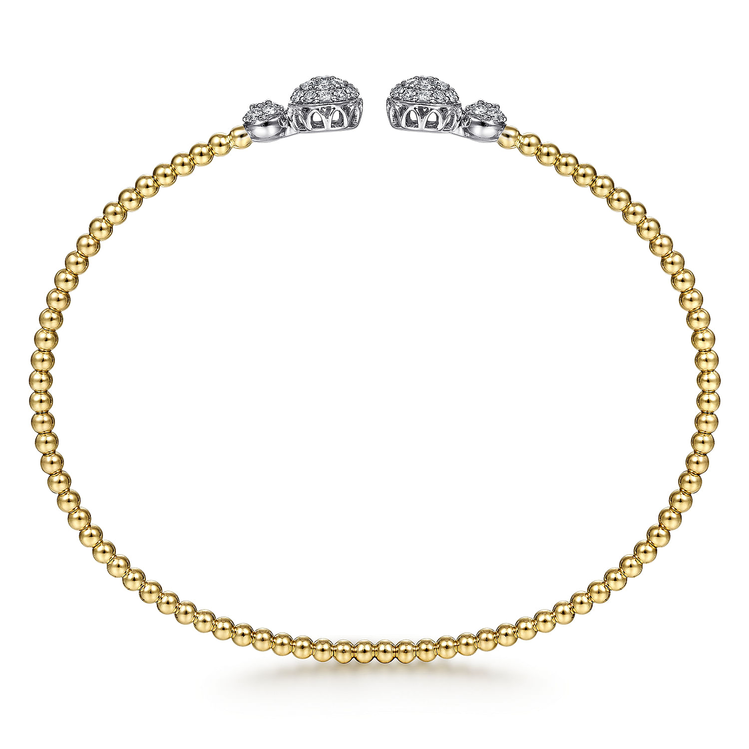 14K White&Yellow Gold Bujukan Bead Split Cuff with Round Diamond Pavé Caps