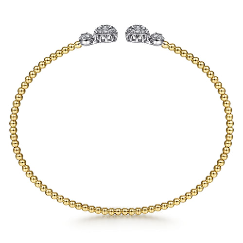 14K White&Yellow Gold Bujukan Bead Split Cuff with Round Diamond Pavé Caps