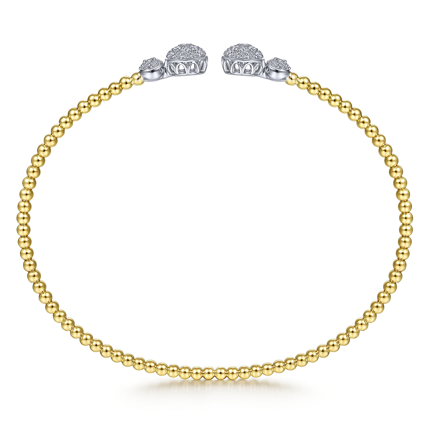 14K White&Yellow Gold Bujukan Bead Split Cuff with Round Diamond Pavé Caps