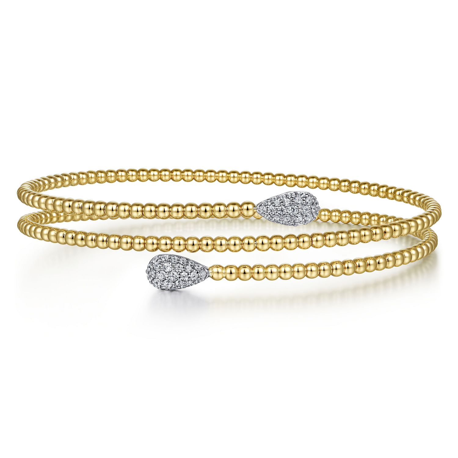 14K White&Yellow Gold Bujukan Bead Wrap Bracelet with White Gold Diamond End Caps