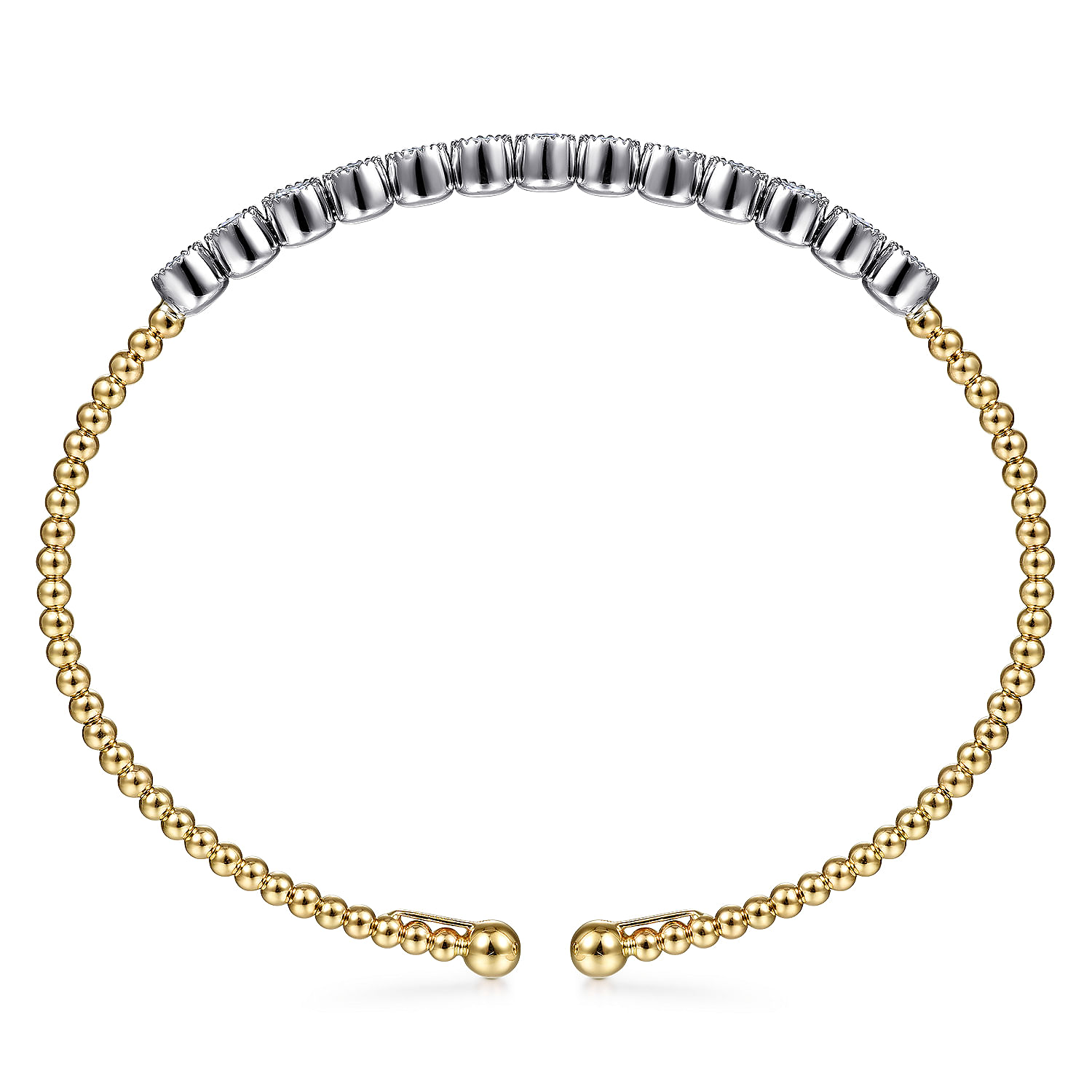 14K White&Yellow Gold Bujukan Cuff Bracelet with Bezel Set White Gold Diamonds