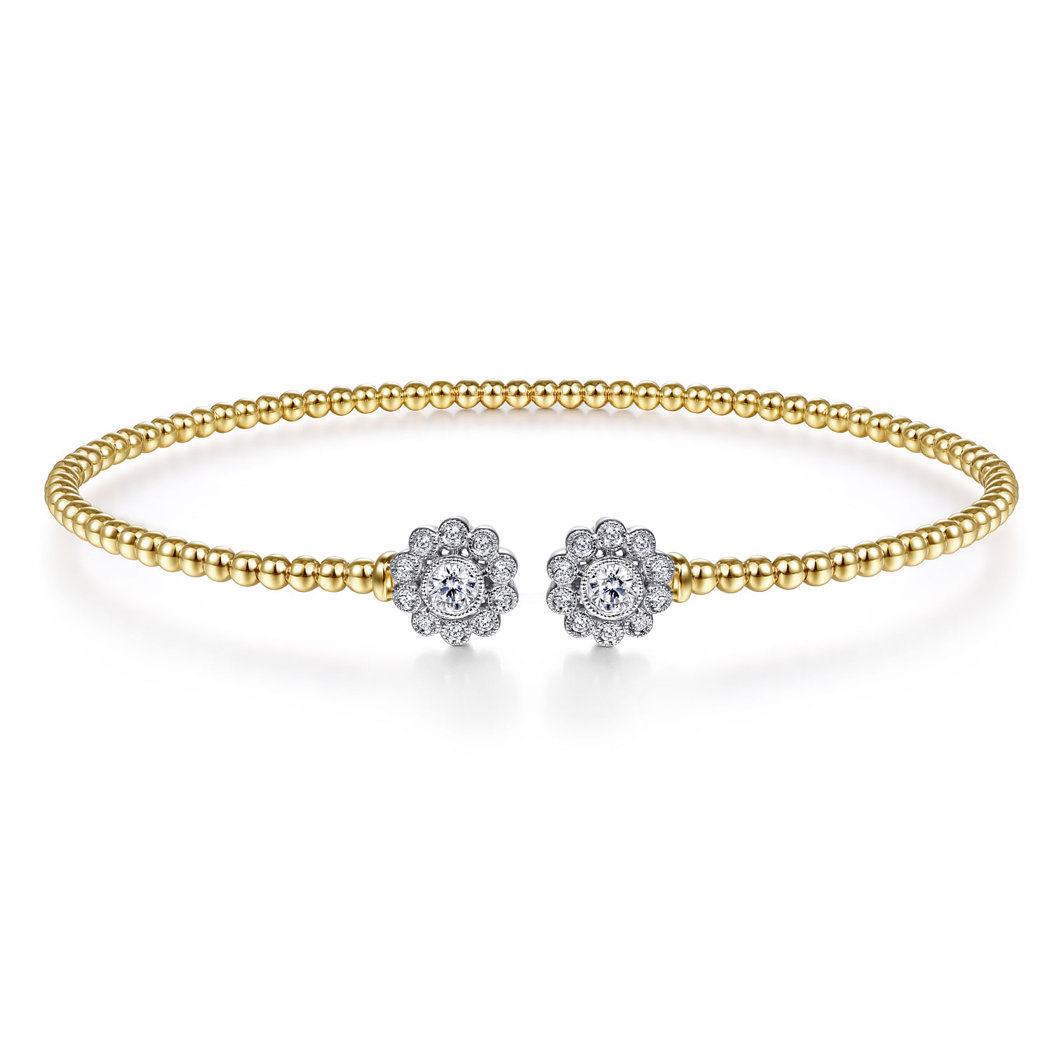 14K White&Yellow Gold Bujukan Split Cuff Bracelet with Diamond Flowers
