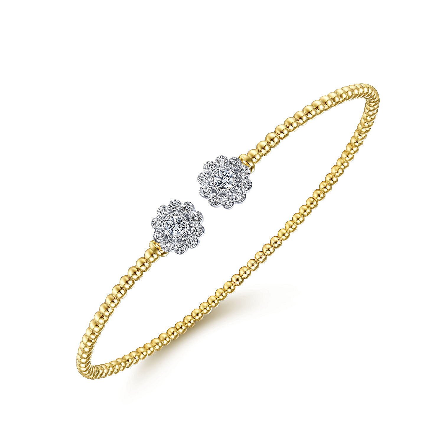 14K White&Yellow Gold Bujukan Split Cuff Bracelet with Diamond Flowers