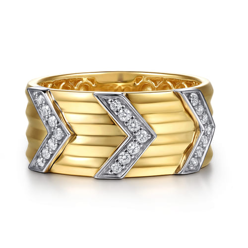 14K White&Yellow Gold Diamond Chevron Wide Band Ring