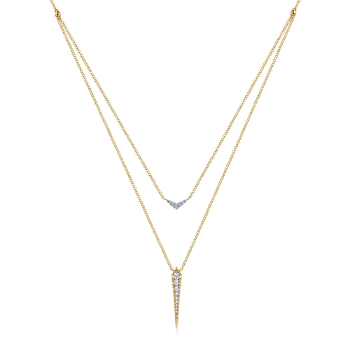 14K White&Yellow Gold Layered Pavé Diamond Bar and Spike Pendant Necklace