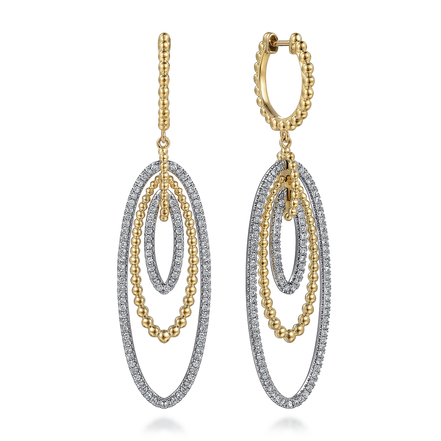 14K White&Yellow Gold Multi Oval Diamond Bujukan Huggie Drop Earrings