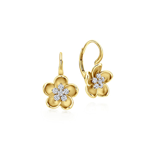 14K Yellolw Gold Leverback FlowerEarrings with Diamond Center