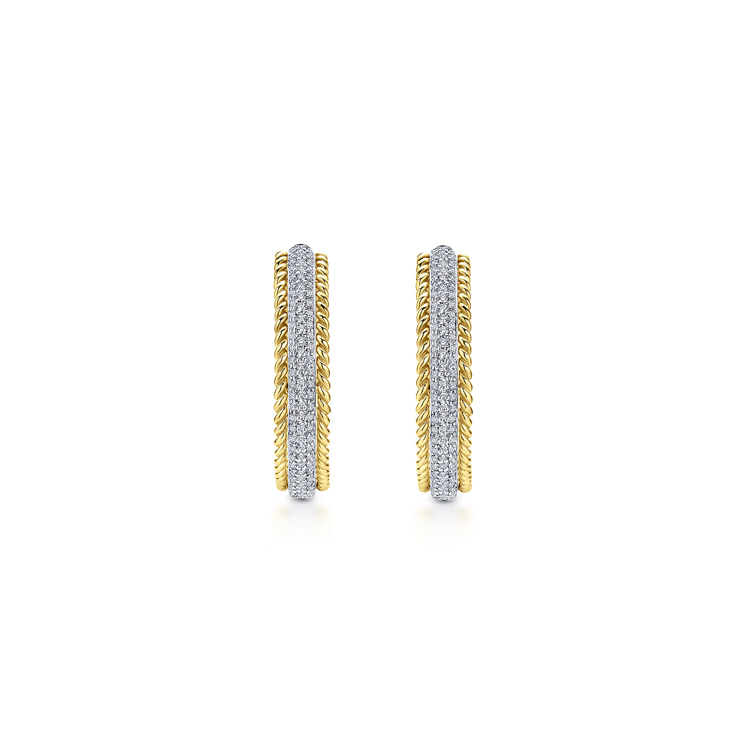 14K Yellow & White Gold Prong Set  30mm Round Classic Diamond Hoop Earrings