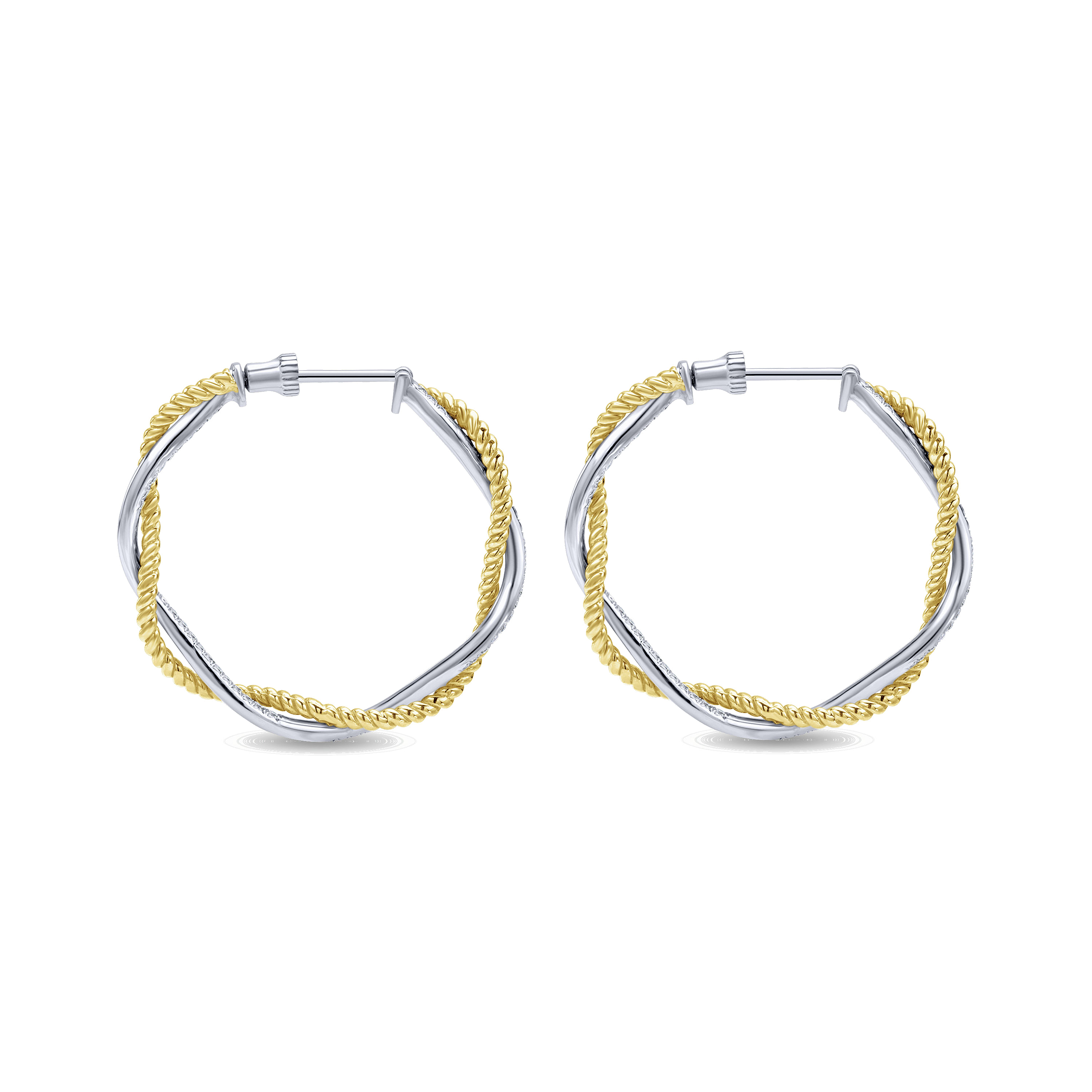 14K Yellow & White Gold Prong Set  30mm Round Twisted Inside Out Diamond Hoop Earrings