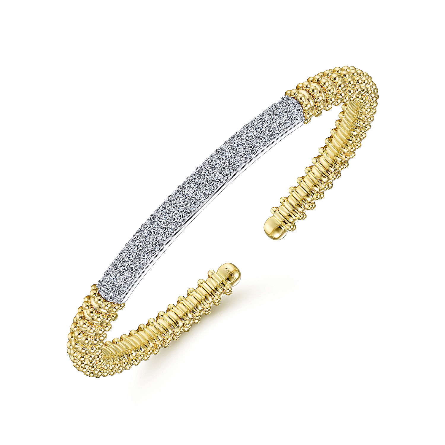 14K Yellow Bujukan Bead Cuff Bracelet with White Gold Pavé Diamond Bar