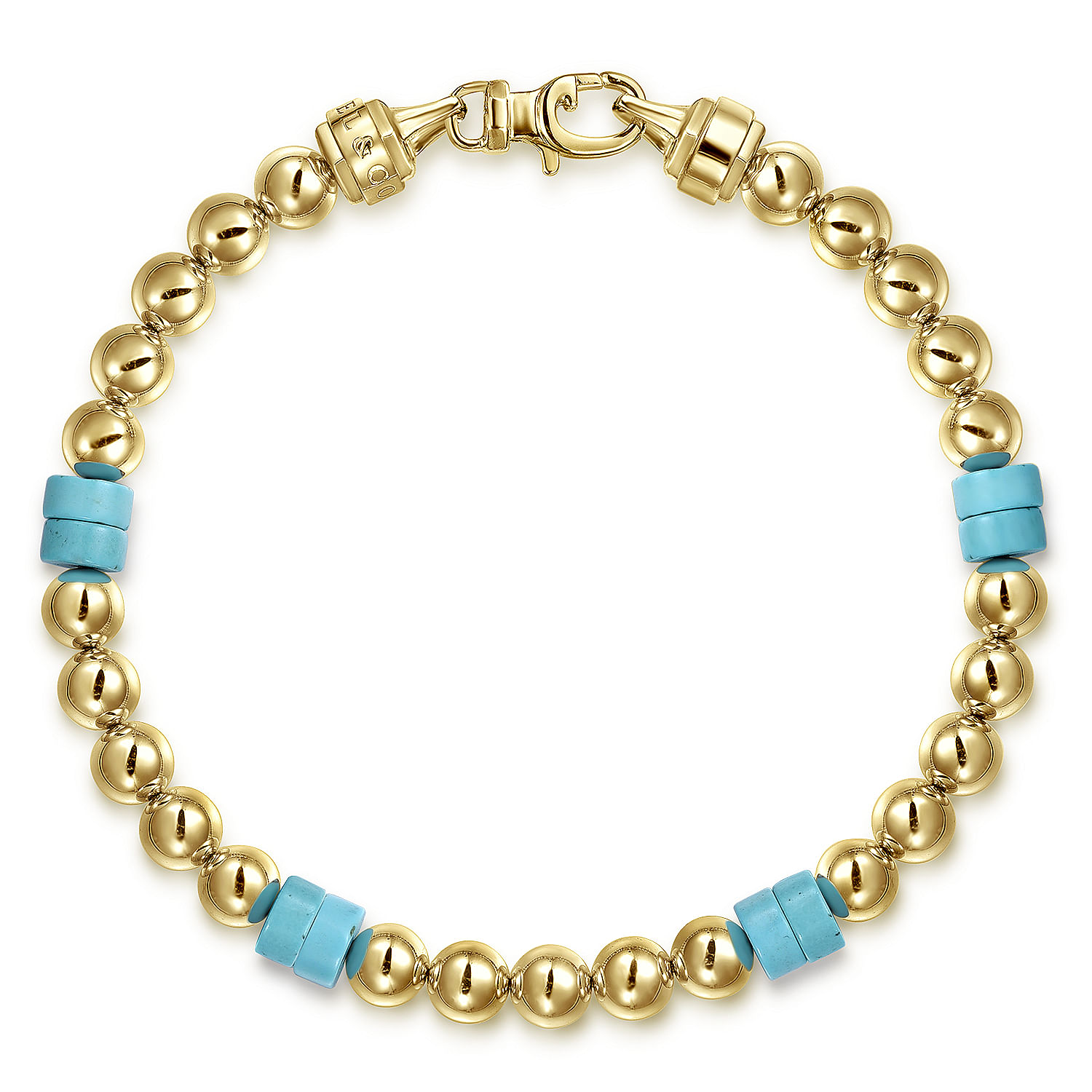 14K Yellow Gold  6mm ball and Turquoise Cylinder Beaded Bracelet